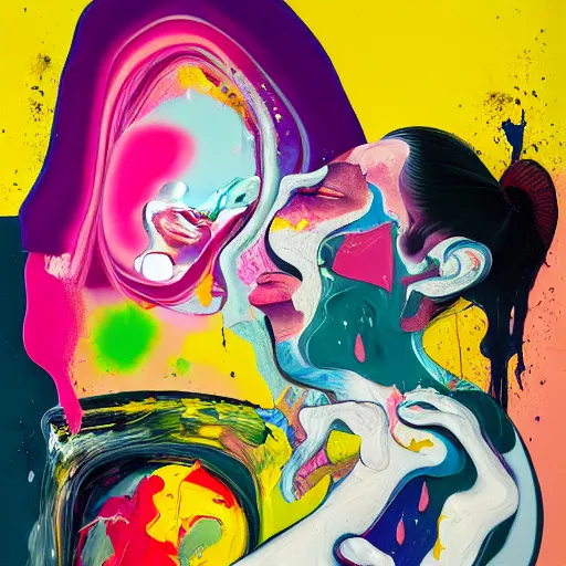 Image similar to woman holding a baby, an ultrafine detailed painting by peter max and francis bacon and fiona rae and hernan bas and anna mond, featured on deviantart, metaphysical painting, pop surrealism, melting paint, biomorphic, mixed media, photorealistic, dripping paint, palette knife texture, masterpiece