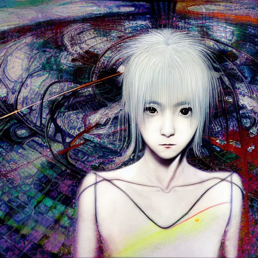 Image similar to yoshitaka amano blurred and dreamy three quarter angle portrait of a young woman with white hair and black eyes wearing dress suit with tie, playstation 2 horror game, junji ito abstract patterns in the background, satoshi kon anime, chungking express color palette, noisy film grain effect, highly detailed, renaissance oil painting, weird portrait angle, blurred lost edges