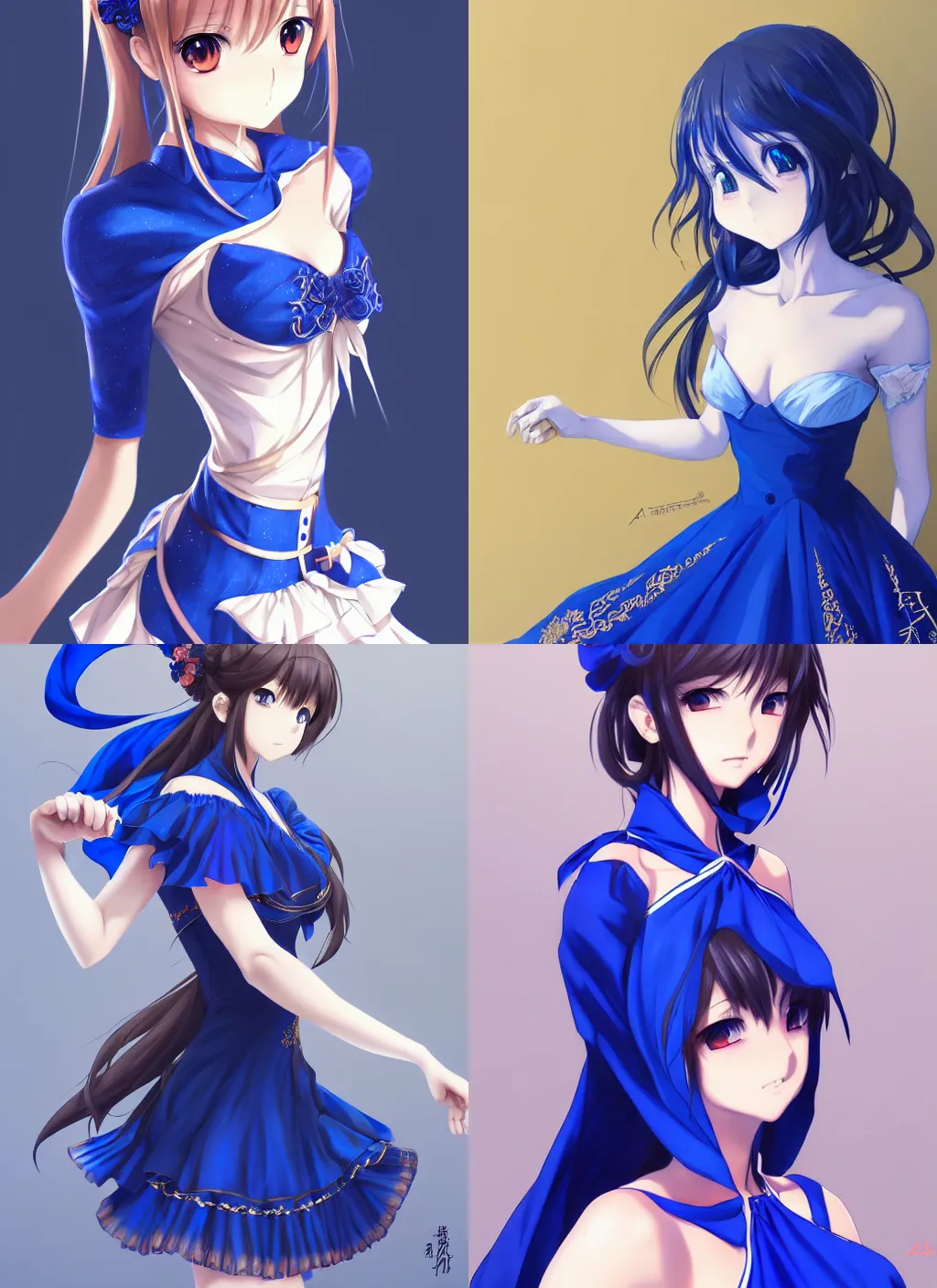 Prompt: anime girl wearing a brilliant royal blue dress, grinning, intricate detail, digital portrait by artgerm and makoto shinkai, huifeng huang, artstation