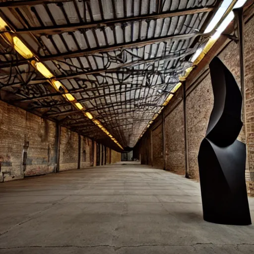 Prompt: modern sculptures inside a large historic industrial hall. dramatic lighting. phase one photo,