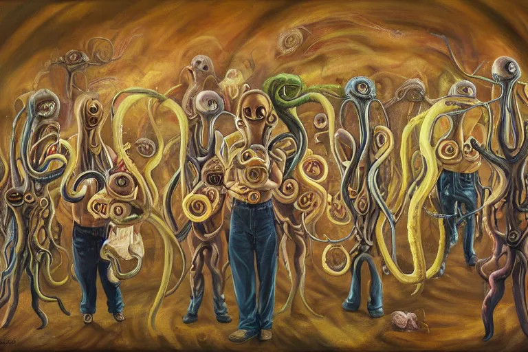 Prompt: a painting of a group of people standing around a cardboard box full or tentacled alien babies, a surrealist painting by clark voorhees, cg society, pop surrealism, lovecraftian, cosmic horror, surrealist