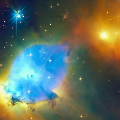 Prompt: hubble space telescope photo of a nebula in the shape of a cute minion, detailed, 4 k
