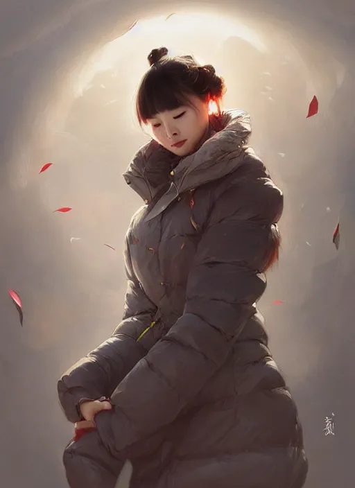 Image similar to a beautiful chinese woman in down jacket ， a goose ， winer ， wenjun lin intricate, elegant, highly detailed, digital painting, artstation, concept art, matte, sharp focus, illustration, hearthstone, art by artgerm and greg rutkowski and alphonse mucha