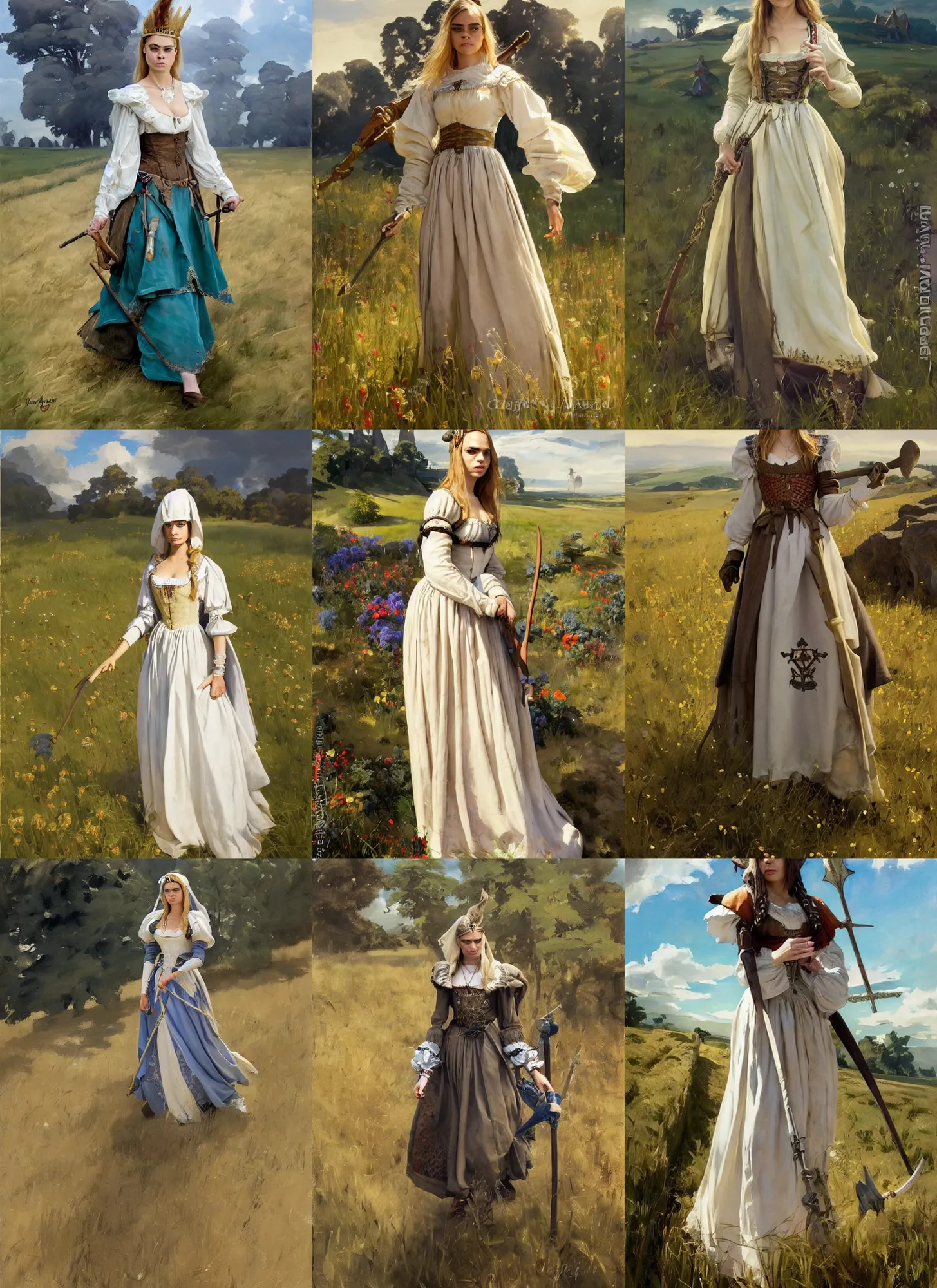 Prompt: cara delevingne as a medieval maiden wearing dirndl walking in the field, jodhpurs greg manchess painting by sargent and leyendecker, studio ghibli, fantasy, medium shot, asymmetrical, intricate, elegant, matte painting, illustration, hearthstone, by greg rutkowski, by greg tocchini, by james gilleard, by joe fenton