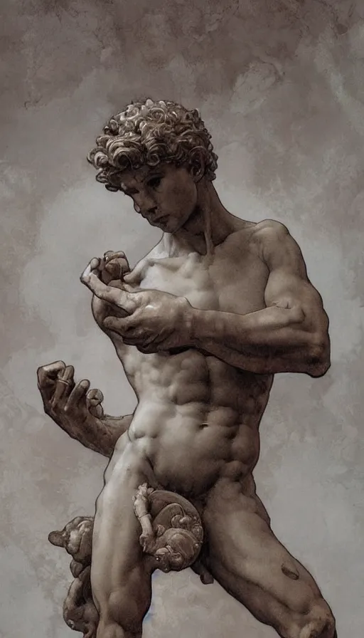 Image similar to Michelangelo\'s David, highly detailed, digital painting, artstation, concept art, smooth, sharp focus, illustration, ArtStation, art by artgerm and greg rutkowski and alphonse mucha and J. C. Leyendecker and Edmund Blair Leighton and Katsuhiro Otomo and Geof Darrow and Phil hale and Ashley wood and Ilya repin and Charlie Bowater