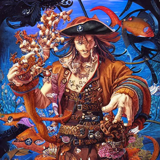 Image similar to portrait of crazy pirate with fishes around, symmetrical, by yoichi hatakenaka, masamune shirow, josan gonzales and dan mumford, ayami kojima, takato yamamoto, barclay shaw, karol bak, yukito kishiro