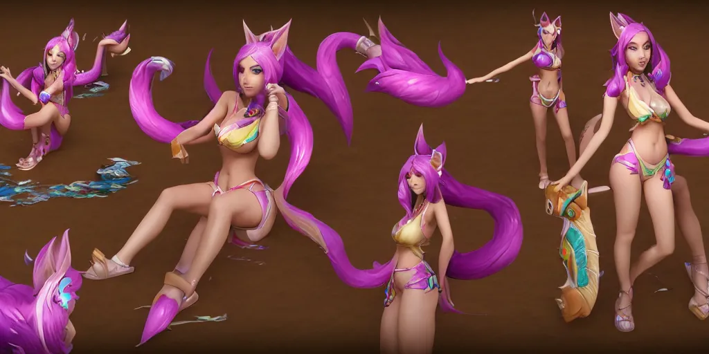 Image similar to beautiful character sheet of pool party Ahri (wild rift). 3d render, octane render, realistic, highly detailed, trending on artstation