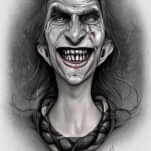 Image similar to grunge cartoon sketch of a human snake mix with a wide smile by - michael karcz, loony toons style, horror theme, detailed, elegant, intricate