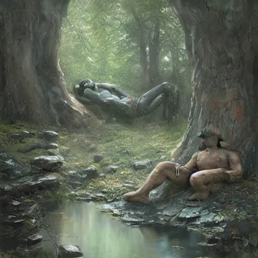 Image similar to humanoid stone golem resting beside a pond inside a forest, rock elemental, oil painting, by Greg Rutkowski