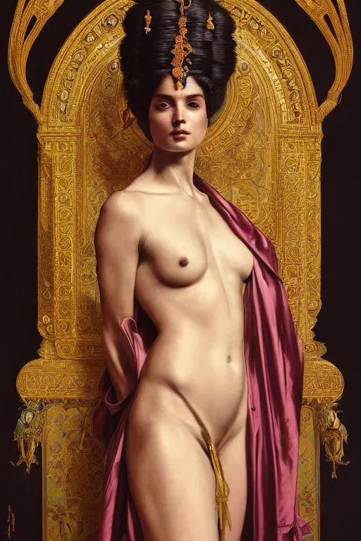 Image similar to body portrait of beautiful roman pincess wearing a flowing silk robe, wearing an ornate ancient headress, by terry o'neill intricate, elegant, highly detailed, digital painting, artstation, concept art, smooth, sharp focus, bold lighting, deep colors, dark background, illustration, art by artgerm and greg rutkowski and alphonse mucha, 8 k