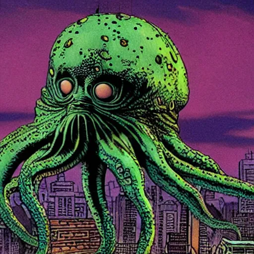 Image similar to giant alien octopus demon terrorising a city, art by Richard Corben