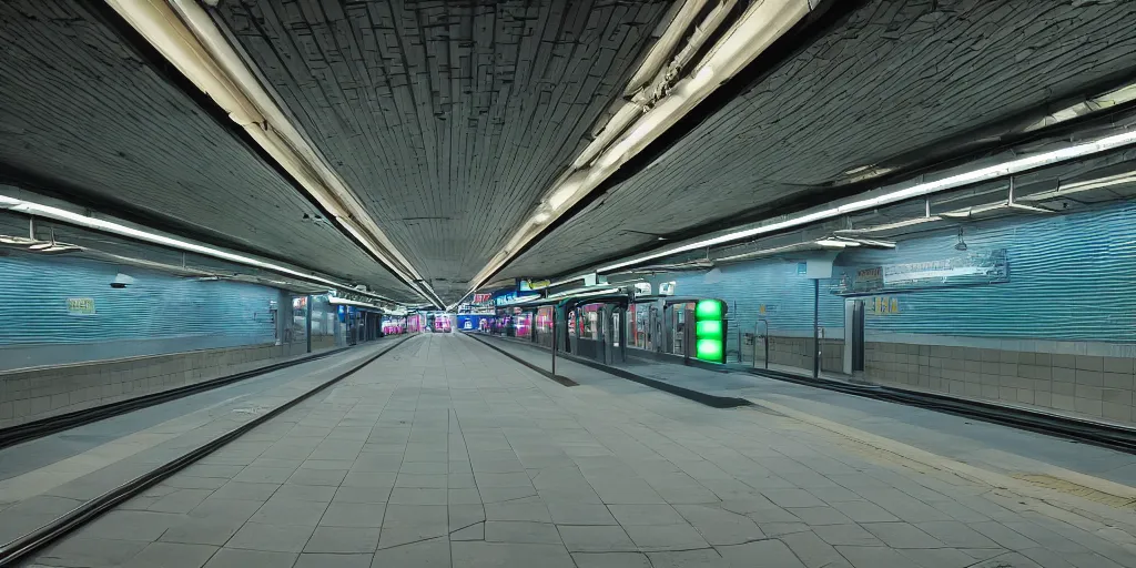 Prompt: empty subway station at night lit up by fluorescent, led and neon lights, night photography, 2 0 0 mm, f 4, canon