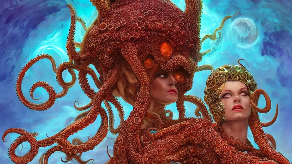 Image similar to A beautiful female Alien queen” she has octopus Tentacles starting to wrap around her head, Amazing colorful background, Digital art, Matte painting, concept Art, 3-D 4K, trending on Artstation, Hyper detailed ,Frank Frazetta, Arthur Adams, Julie Bell,