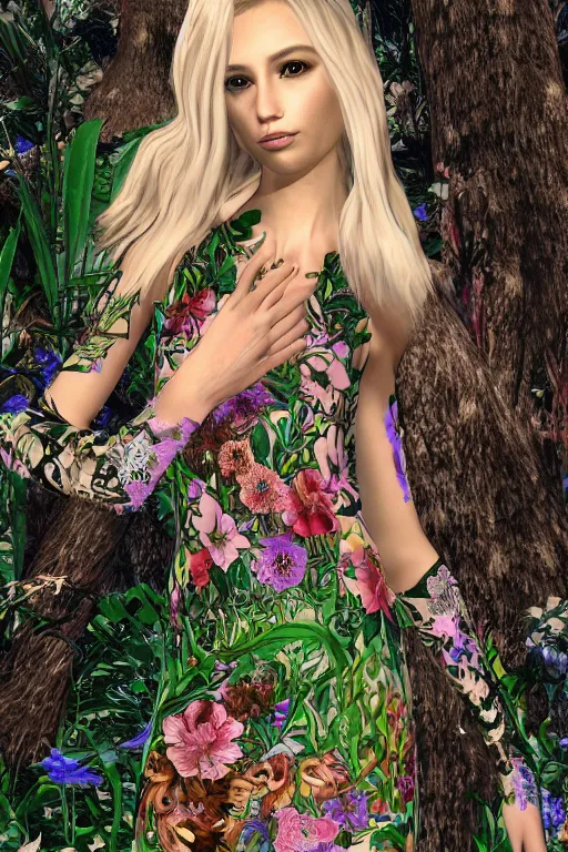 Image similar to beautiful blonde model wearing ornate floral valentino resort ss 2 0 1 6 dress in a 3 d psx rpg style, magical alien forest environment, fashion gameplay screenshot, highly detailed