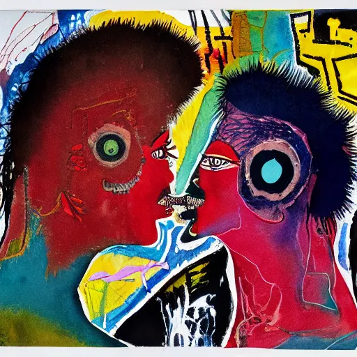 Prompt: watercolor painting of two bizarre psychedelic punk women kissing each other closeup in a vortex in japan, speculative evolution, mixed media collage by basquiat and jackson pollock, maximalist magazine collage art, sapphic art, lesbian art, chemically damaged