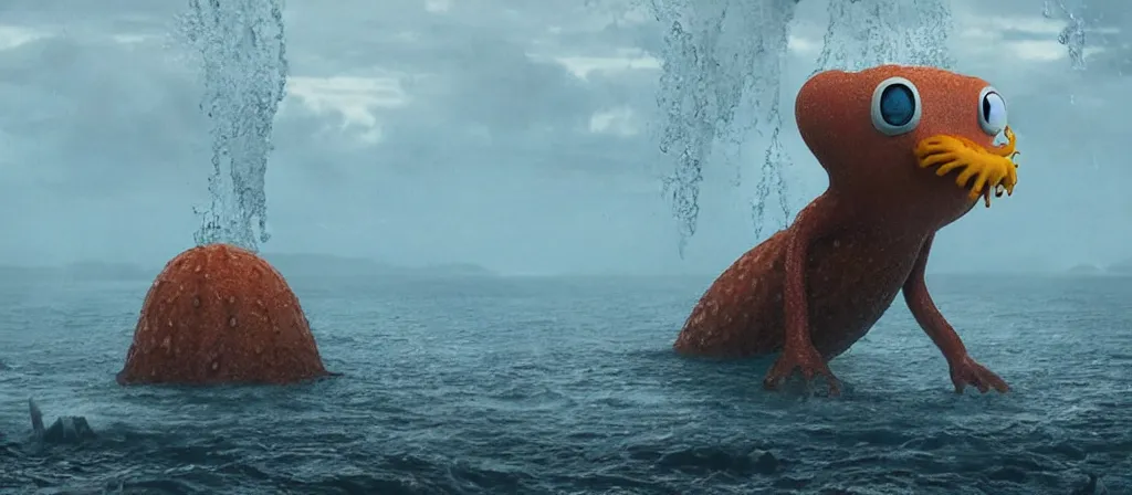 Prompt: A Still of one giant OctoDad emerged from the ocean, water dripping off him, Octodad is gigantic, a tiny boat in the water beneath Octodad, you can see this from the beach looking out into a dark a storming ocean, Movie shot film, gloomy very misty, Octodad is going towards a City, you can see a City next to a Beach