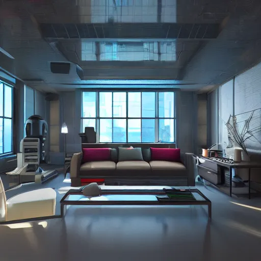 Image similar to Sci fi living room lab, cybernetic wallpaper, unreal engine 5 tech demo, zillow interior, cool tint, metallic reflective, octane render, Frank Lloyd Wright ((Studio Ghibli))