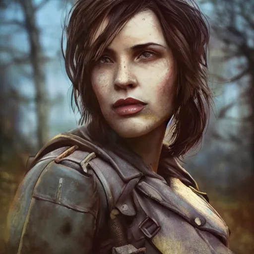 Image similar to fallout 5, charismatic beautiful rugged brunette female protagonist, portrait, outdoors outdoors anchorage, atmospheric lighting, painted, intricate, volumetric lighting, beautiful, dusk, overcast weather, sharp focus, deep colours, ultra detailed, by leesha hannigan, ross tran, thierry doizon, kai carpenter, ignacio fernandez rios