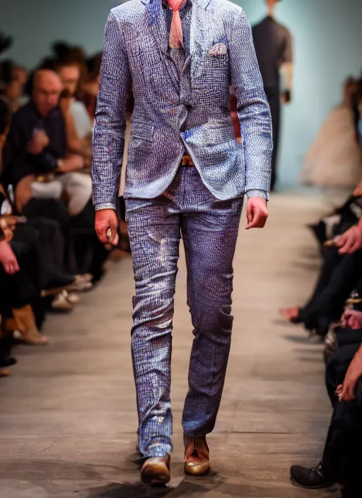 Prompt: hyperrealistic and heavy detailed runway show of italian tailor michel sapone, leica sl 2 5 0 mm, vivid color, high quality, high textured, real life