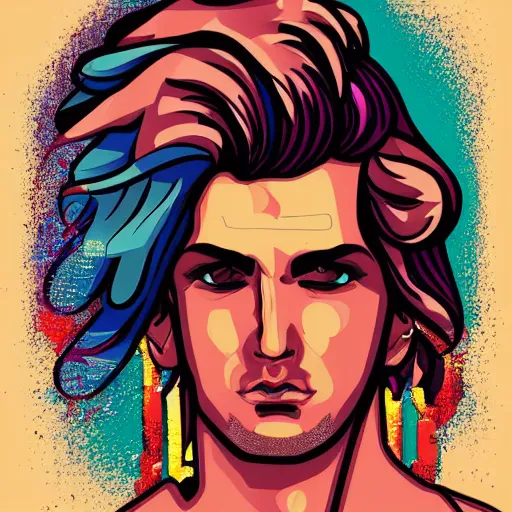 Prompt: a portrait of tattooed the beautiful greek god adonis, in retro colors, synthwave style, 2 d digital vector art