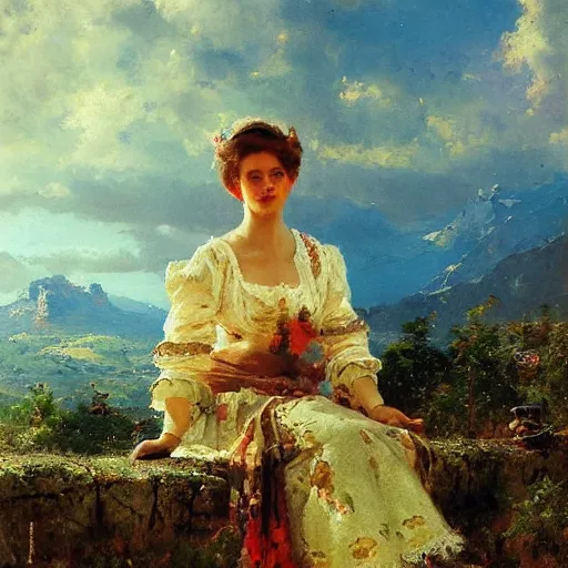 Image similar to a portrait of a character in a scenic environment by nikolay makovsky