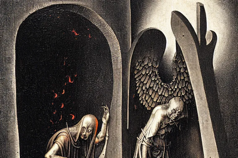 Image similar to fallen angel begs to enter the gates of hell by les edwards and hieronymus bosch