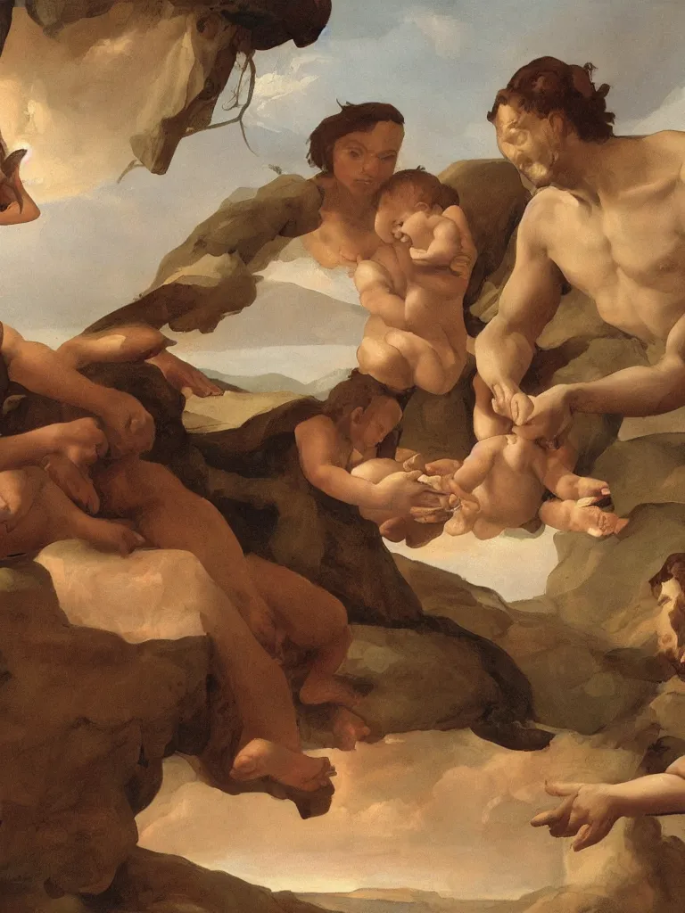 Image similar to the creation of adam painting with mother and child by disney concept artists, blunt borders, rule of thirds
