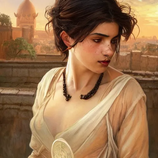 Image similar to A seductive twenty year old Mesopotamian witch in training, fully clothed, brown skinned, in a major Mesopotamian city, portrait, highly detailed, digital painting, artstation, concept art, sharp focus, illustration, cinematic lighting, art by artgerm and greg rutkowski and alphonse mucha