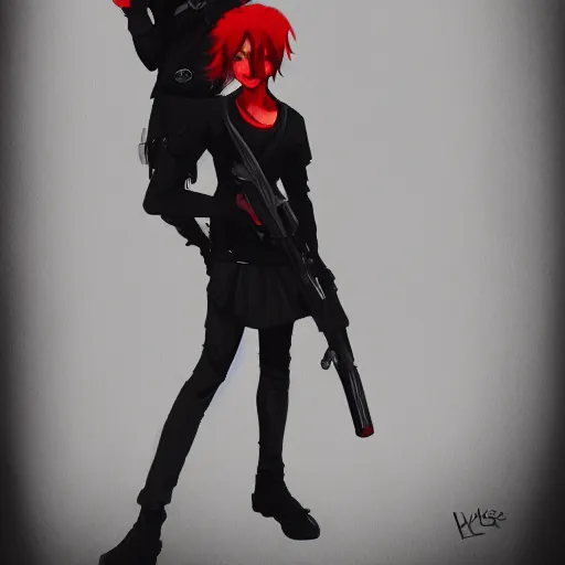 Image similar to a concept art of a boy and a girl with red hair holding a gun, gothic clothes, clean silhouette, highly detailed, digital painting, artstation, concept art, smooth, sharp focus, illustration