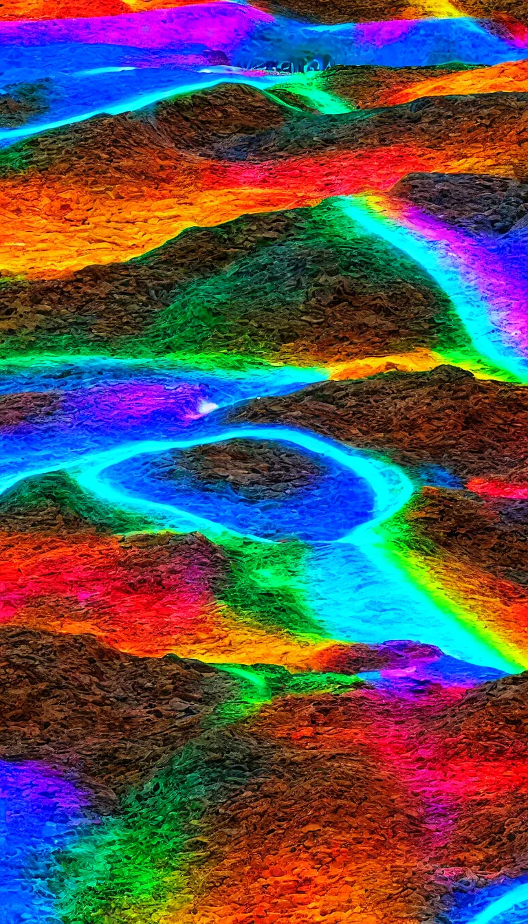 Image similar to a rainbow colored glowing river flowing from desert, wide angle view of 24 mm lens, vertical landscape, digital art style, highly detailed