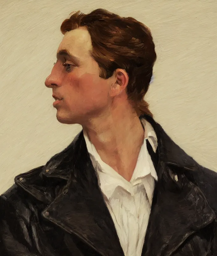 Image similar to a very detailed portrait of a man, wearing an 8 0 s jacket with big shoulder pads, very aesthetic leather jacket, detailed closeup of leather jacket, front view, in the style of edward hopper and oswald hornby joseph birley and susan ryder, very small brushstrokes, 4 k,