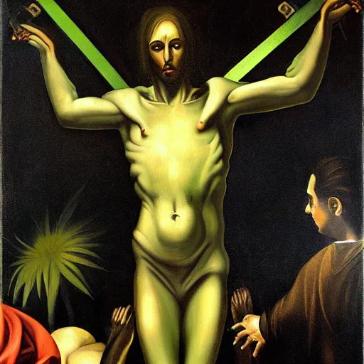 Image similar to a futuristic crucifixion of a green alien messie, great sadness, painting, style of caravaggio