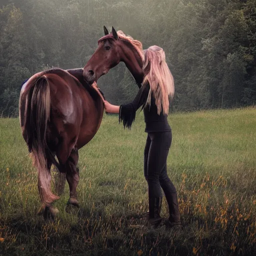 Image similar to a witch transforming people into horses with her magical powers , in a meadow