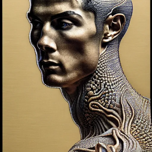 Prompt: detailed realistic beautiful cristiano ronaldo portrait by jean delville, gustave dore, iris van herpen and marco mazzoni, art forms of nature by ernst haeckel, art nouveau, symbolist, visionary, gothic, neo - gothic, pre - raphaelite, fractal lace, intricate alien botanicals, ai biodiversity, surreality, hyperdetailed ultrasharp octane render