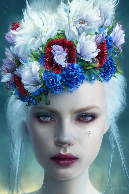 Image similar to a pale girl with white hair and sad blue piercing eyes, black orchid floral crown, distant expression , cinematic lighting, ultra detailed, sharp focus, golden background with white flowers, golden jewellery with blue and red sapphires, super realistic, 8k, art by artgerm and greg rutkowski and zdislav beksinski