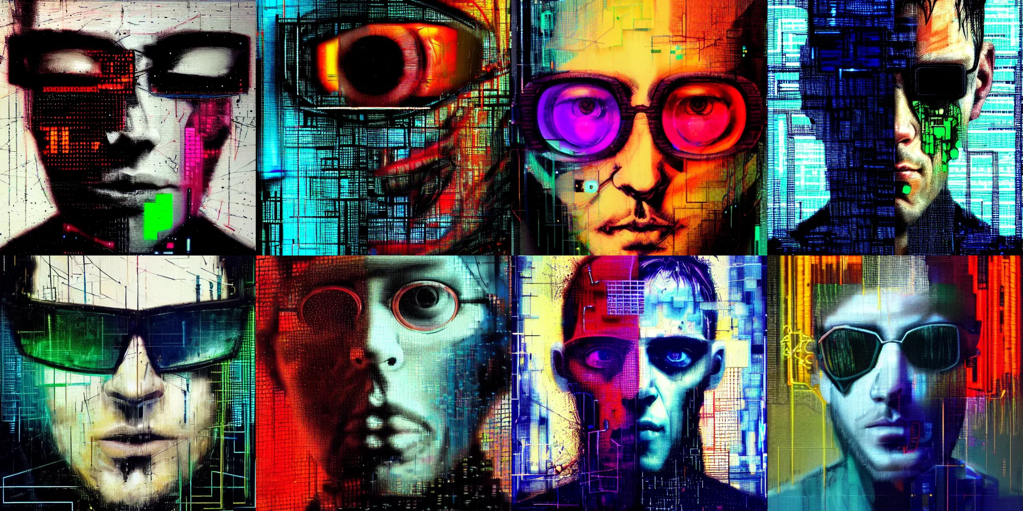 Prompt: hyperrealistic portrait of a cyberpunk character that can see the future, male, by Guy Denning, Johannes Itten, Russ Mills, glitch art, hacking effects, glitch effects, cybernetics, digital sunglasses, detailed lines, chromatic, color blocking, oil on canvas, highly detailed, artistic, front view, symmetrical, octane, concept art, abstract, 8k, cinematic, trending on artstation