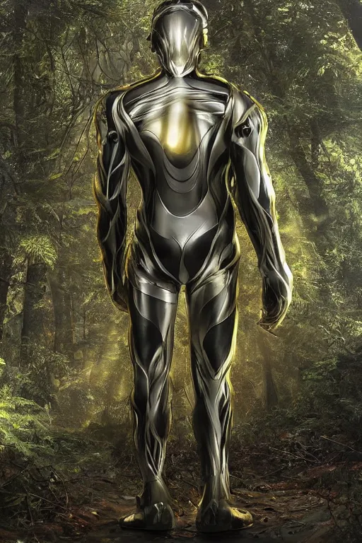 Image similar to helmetless Crysis Nanosuit worn by a fluffy teddybear, a forest with rays of light coming through the canopy, masterpiece, dystopian, sci-fi, extremely detailed, digital painting, sculpted in zbrush, artstation, concept art, smooth, sharp focus, illustration, chiaroscuro lighting, golden ratio, incredible art, artgerm, greg rutkowski, alphonse mucha, simon stalenhag, carravaggio