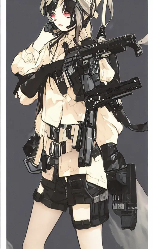Prompt: girl, trading card art, empty hands, girls frontline game, matte, 150mm, illustration, by akio watanabe