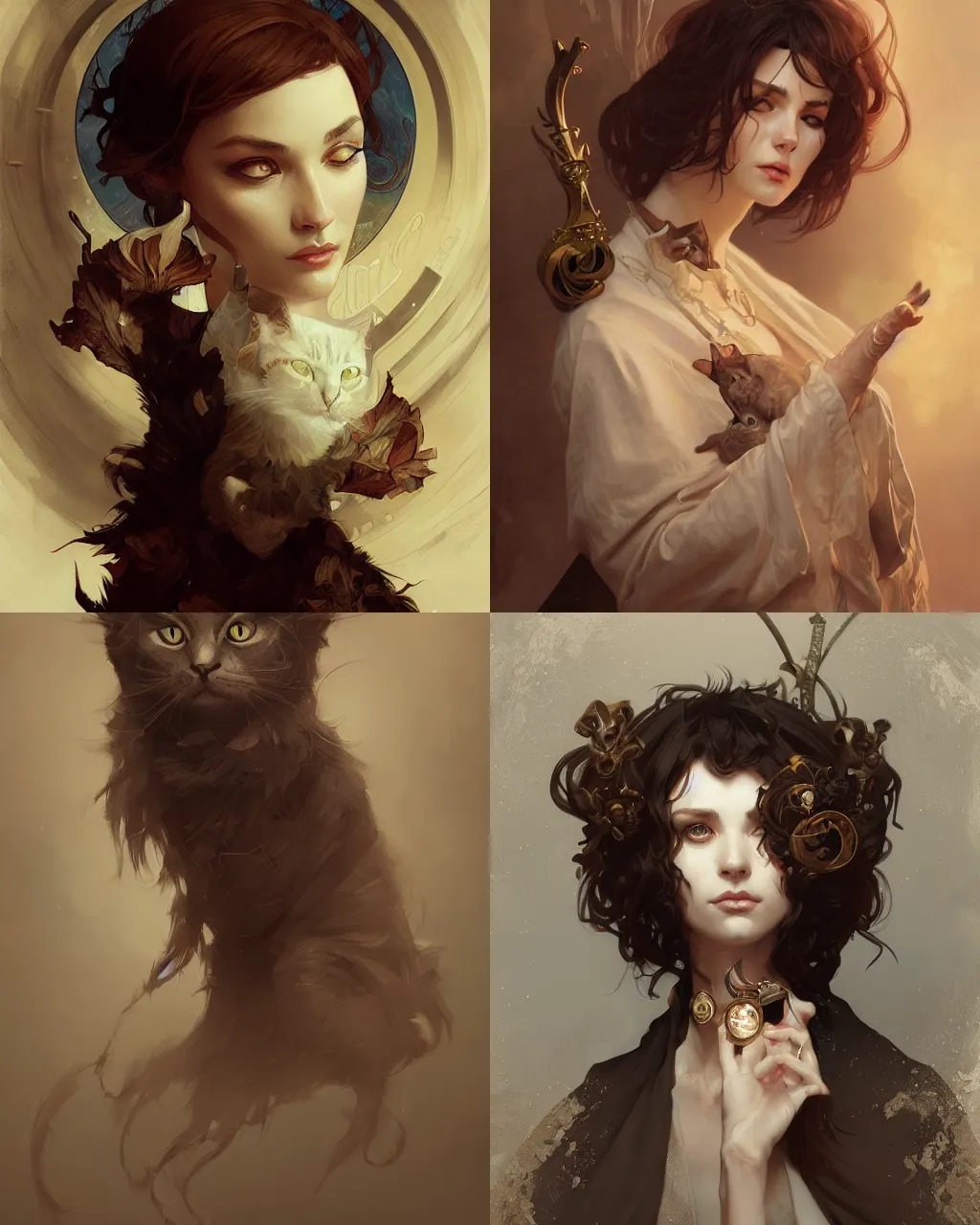 Prompt: A full portrait of occultist cat, intricate, elegant, highly detailed, digital painting, artstation, concept art, smooth, sharp focus, illustration, art by Krenz Cushart and Artem Demura and alphonse mucha