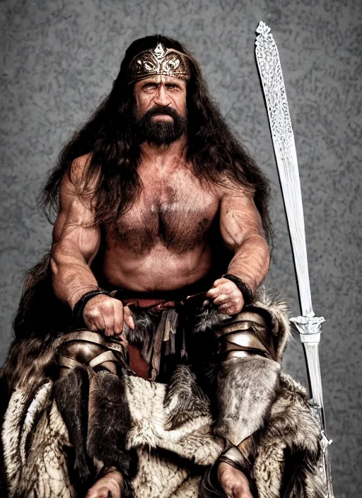 A photo of king conan the barbarian sitting on his | Stable Diffusion