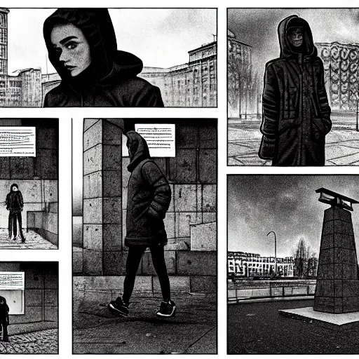 Image similar to storyboard : sadie sink in hoodie sits on bench in ruined square, pedestrians walk by, soviet monument and propaganda posters. scifi cyberpunk. by gabriel hardman. cinematic atmosphere, detailed and intricate, perfect anatomy