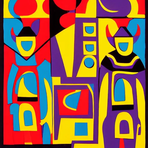 Image similar to Tiefling, Aztec, abstract painting in the style of Sophie Taeuber-Arp and Gary Hume and Tatsuro Kiuchi, flat colour-block style, geometric abstraction, dark colours. Aztec Tiefling