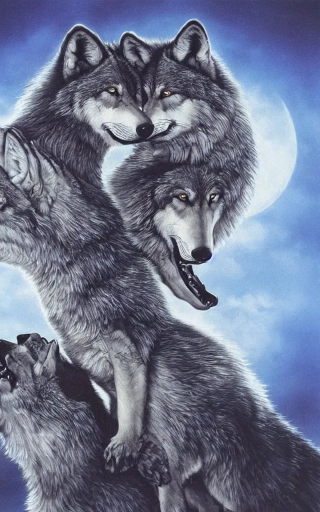 Prompt: two wolves kissing together, airbrush fantasy 80s paleoart, masterpiece album cover with black gradient on edges