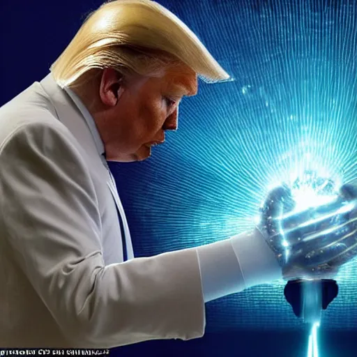 Prompt: Donald Trump shoots plasma beams out of his nanotech cybernetic arm, a plate on his arm slides back to reveal the mechanical workings on the inside