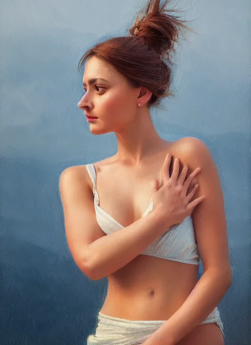 Image similar to photo of a gorgeous young woman in the style of stefan kostic, realistic, sharp focus, 8k high definition, insanely detailed, intricate, elegant, art by stanley lau