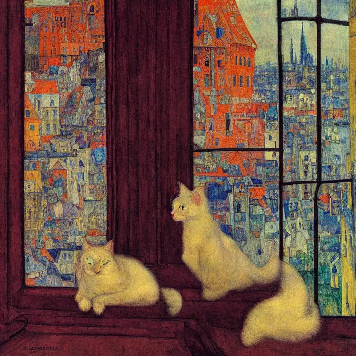 Image similar to dreamy fuzzy white cat sitting in a window, city with gothic cathedral. sun setting through the clouds, vivid colors. jan van eyck, agnes pelton, egon schiele, henri de toulouse - lautrec, utamaro, monet