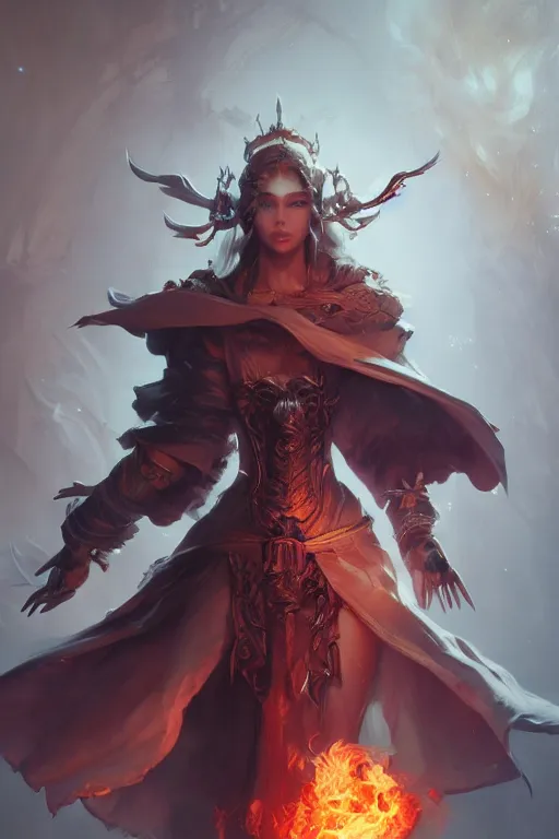 Image similar to beautiful girl necromancer casting spell, 3 d render, holding magic fire, hyper realistic detailed portrait, ruan jia, wlop, fantasy, hyper detailed, octane render, concept art, peter mohrbacher