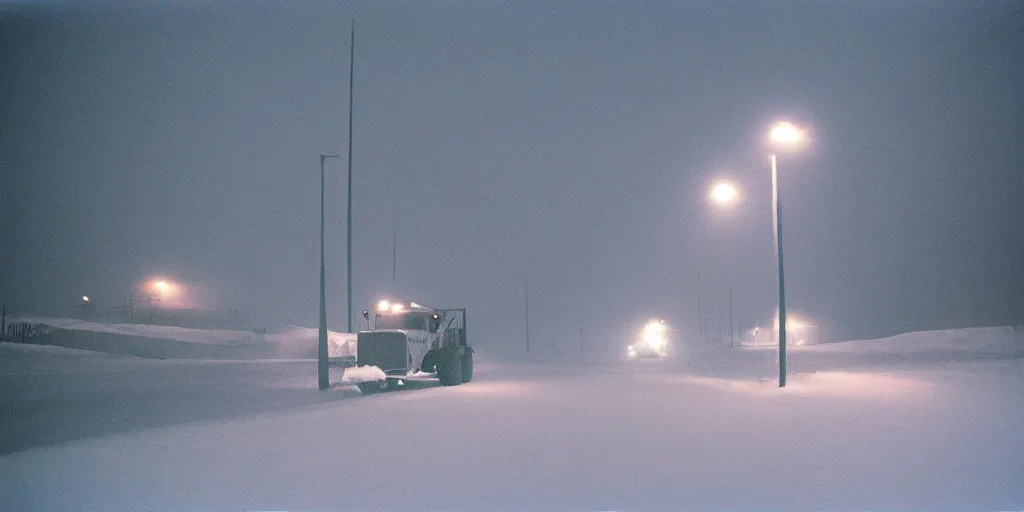 Image similar to photo, big snow plow truck is in the distance with a bright headlighta. cold color temperature, snow storm. hazy atmosphere. humidity haze. kodak ektachrome, greenish expired film, award winning, low contrast,