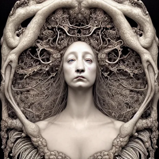 Prompt: detailed realistic porcelain beautiful organic calaveras goddess face portrait by jean delville, gustave dore, iris van herpen and marco mazzoni, art forms of nature by ernst haeckel, art nouveau, symbolist, visionary, gothic, neo - gothic, pre - raphaelite, fractal lace, intricate alien botanical biodiversity, surreality, hyperdetailed ultrasharp octane render