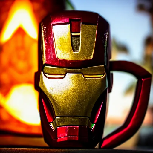 Image similar to a closeup photorealistic photograph of an iron man style tiki mug at a trader vic's beach bar featuring the face of iron man. tiki party. bright scene. fine detail. this 4 k hd image is trending on artstation, featured on behance, well - rendered, extra crisp, features intricate detail, epic composition and the style of unreal engine.